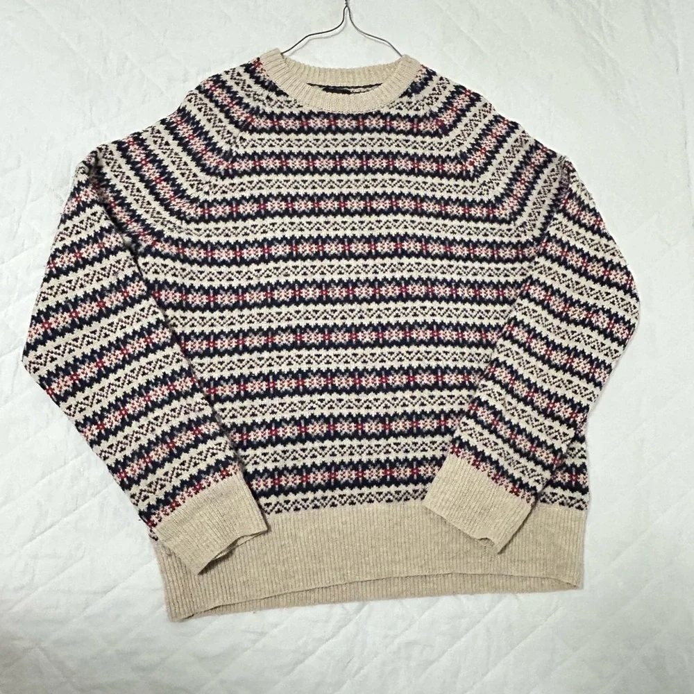 J. Crew 100%lambswool Men's Beige and Navy Crewneck Sweater